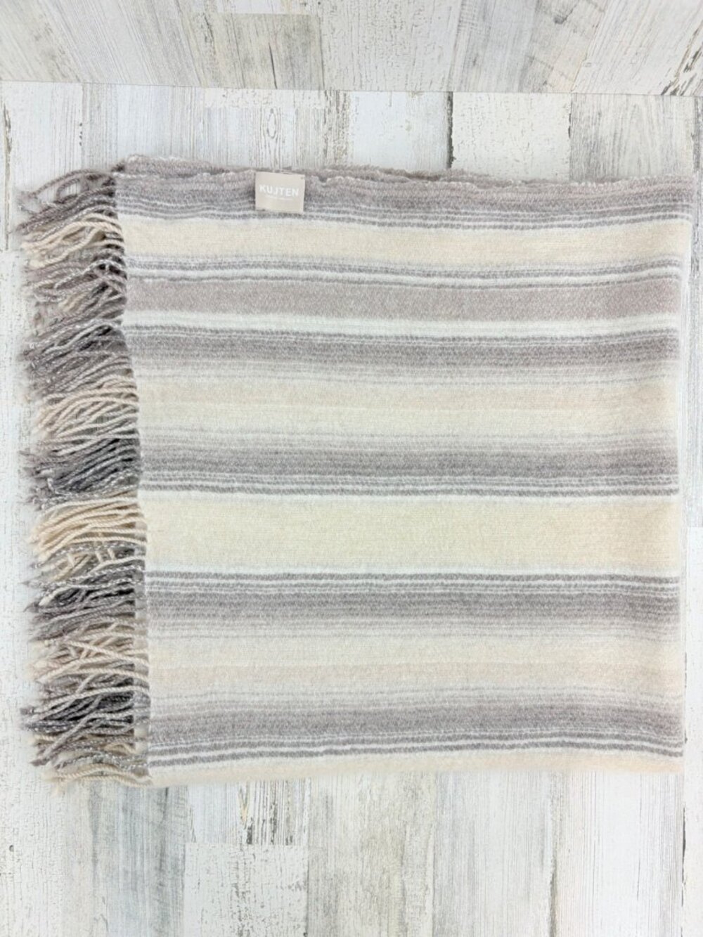 Kujten Cashmere Large Square Beige Stripe Neck Scarf Paris French Girl